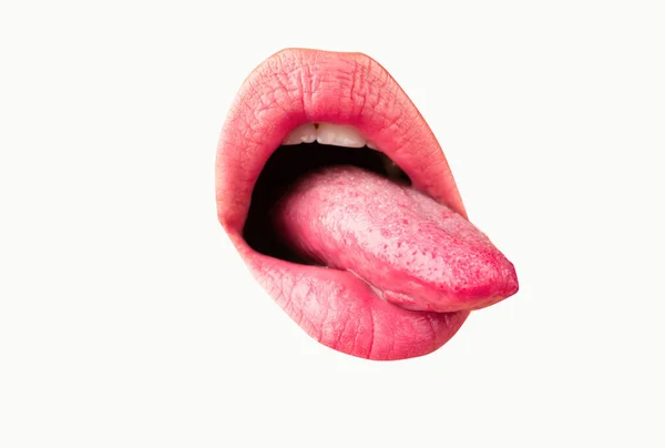 Macro Tongue Lick Lips Close Woman Mouth Tongue Sexy Female — Stock Photo, Image