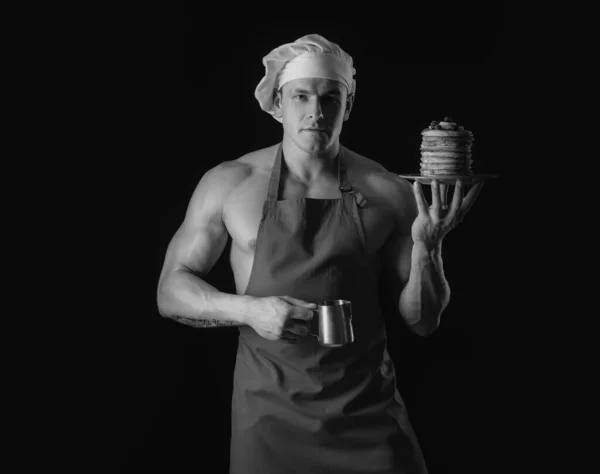 Sexy Muscular Man Chefs Hat Sweet Homemade Stack Pancakes Syrup — ストック写真