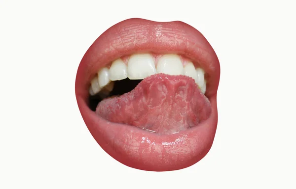 赤い女性の唇と舌の孤立したアイコンで口を開きます 官能的な女性の唇 — ストック写真