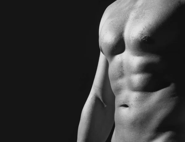 ヌード男裸の胴を持つバナー セクシーな筋肉裸のゲイのクロップボディ 裸の腹筋男 — ストック写真