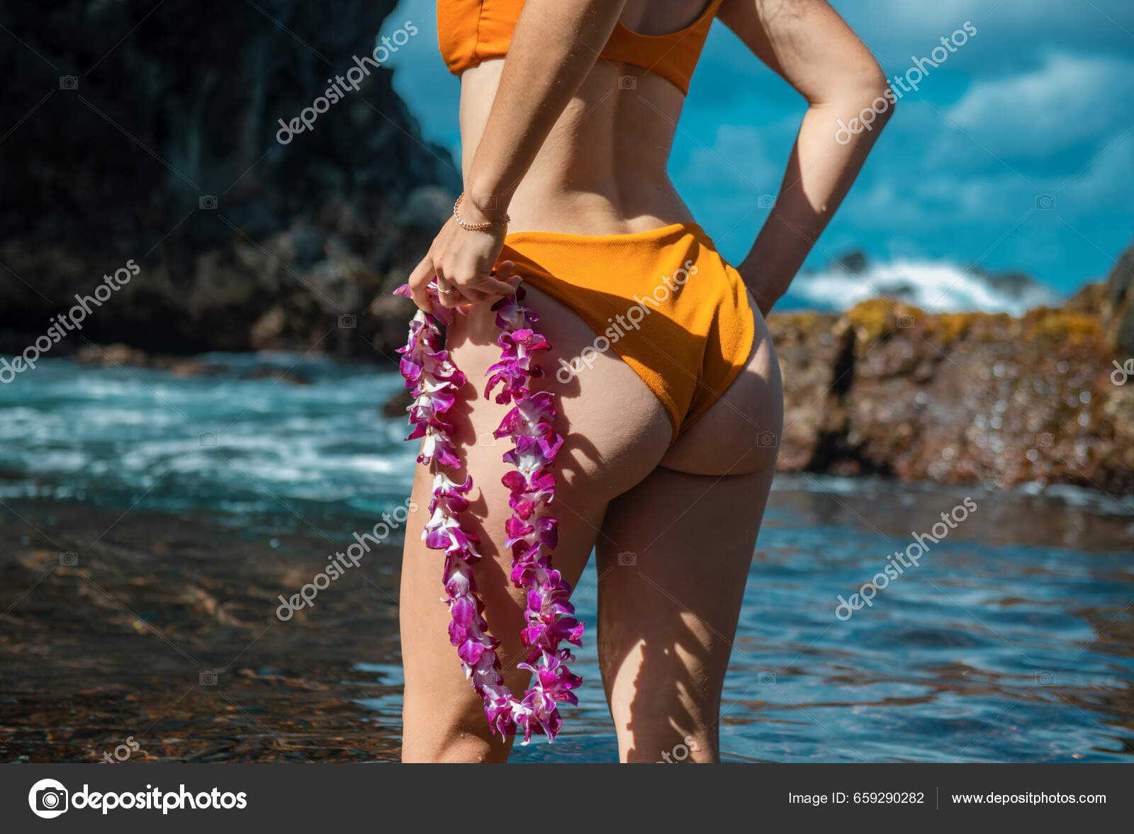 Beautiful Girl Hawaiian Lei Flower Resting Ocean Beach Tanned Young Stock Photo by ©Tverdohlib 659290282