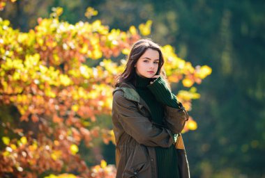 Güz elbiseli genç ve güzel bir kızın açık hava moda fotoğrafı. Sıcak güneşli hava. Sonbahar gençleri moda ve moda