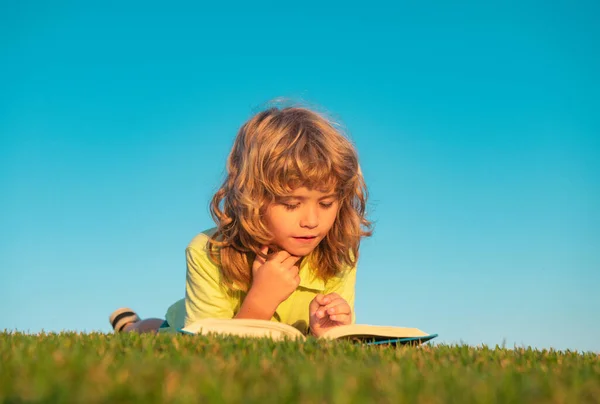Kids imagination, innovation and inspiration children. Outdoor portrait of little boy reading a book