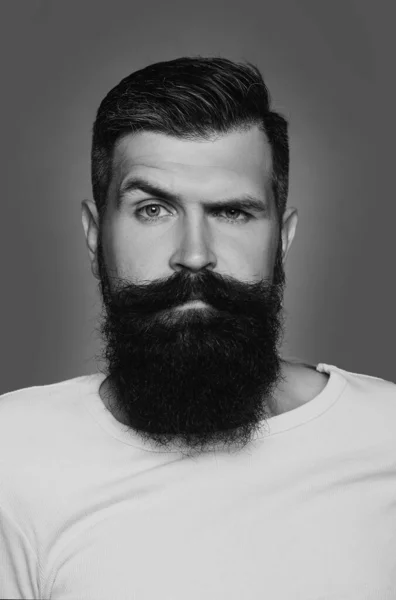 Красивый Бородатый Мужчина Длинной Пышной Бородой Серым Мустачеонным Фоном — стоковое фото