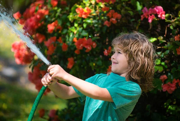 Αγόρι Ποτίζει Φυτά Στον Κήπο Έννοια Της Παιδικής Καλοσύνης Και — Φωτογραφία Αρχείου
