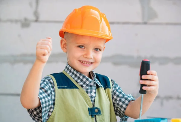 Happy Smiling Kid Boy Twists Bolt Screwdriver Child Repairman Repair — Stock Photo, Image