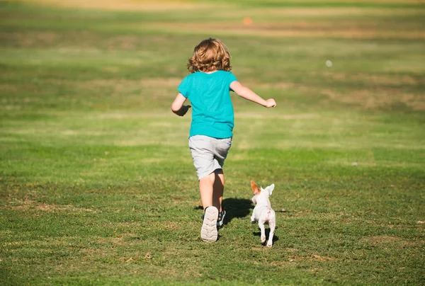 Niño Feliz Corriendo Con Perro Aire Libre —  Fotos de Stock