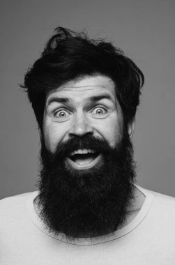 Heyecanlı, yakışıklı bir genç. Gri duvara karşı memnun iş adamının portresi. Olumlu insan yüz ifadeleri ve duyguları