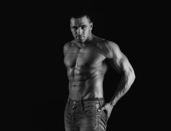 Sporty Man Black Handsome Fitness Young Bodybuilder Naked Torso — Stock Photo, Image