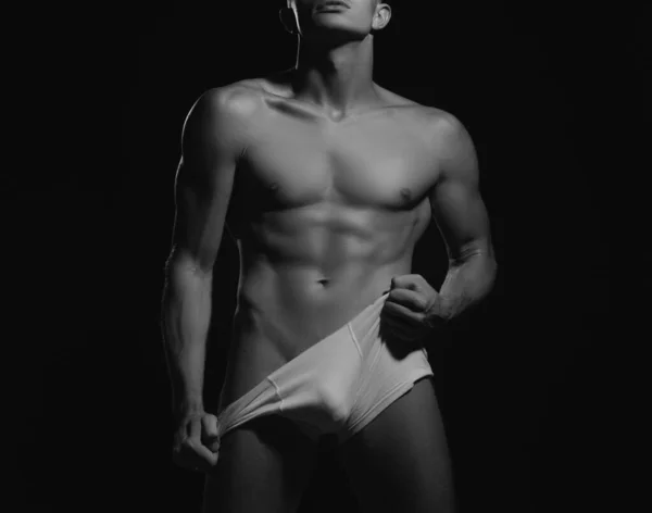 Een Man Een Witte Onderbroek Fitness Model Ondergoed Mans Romp — Stockfoto