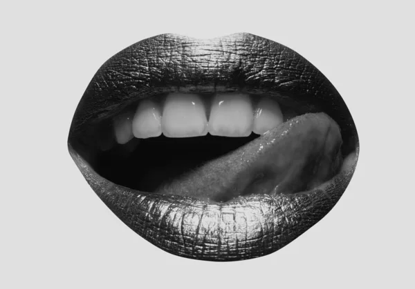 Czerwone Usta Usta Ikona Języka Plakat Baner Otwartymi Ustami Kobieta — Zdjęcie stockowe