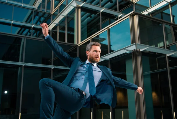 Excited Businessman Jumping Outdoors Office Building — Stock Photo, Image