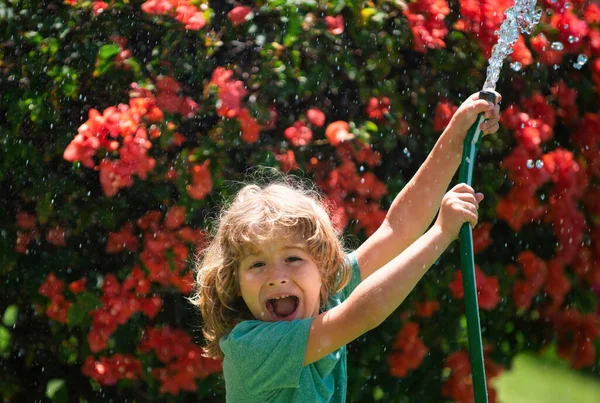 Słodki Chłopiec Podlewania Roślin Ogrodzie Letni Dzień Dziecko Narzędziami Ogrodowymi — Zdjęcie stockowe