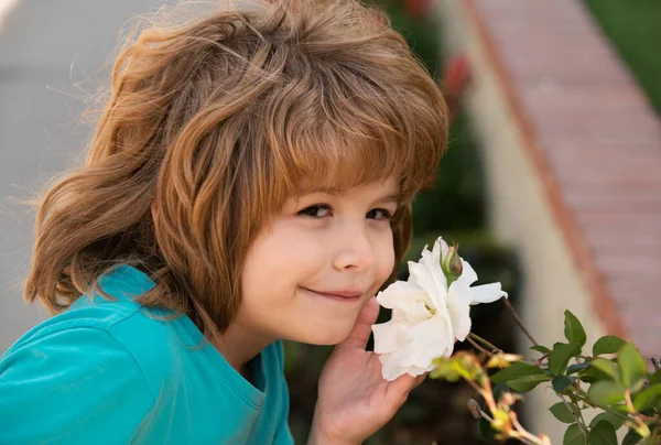 Retrato Menino Doce Apreciando Aroma Flores Divertindo Parque Primavera Miúdo — Fotografia de Stock