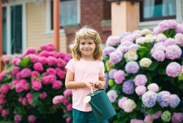 Cute Little Boy Watering Flowers Watering Can Garden Child Dressed — Stock Photo, Image