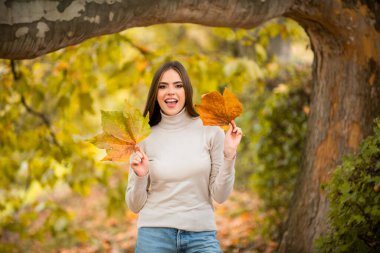 Sonbahar parkında genç bir kadın. Sıcak güneşli hava. Sonbahar konsepti. Merhaba sonbahar. Sonbahar sarısı yaprakları olan mutlu bir kadın. Doğada güzel sonbahar zamanı