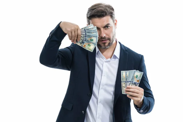 Freelancer Cash Portrait Business Man Holding Cash Dollar Bills White — Stock Photo, Image