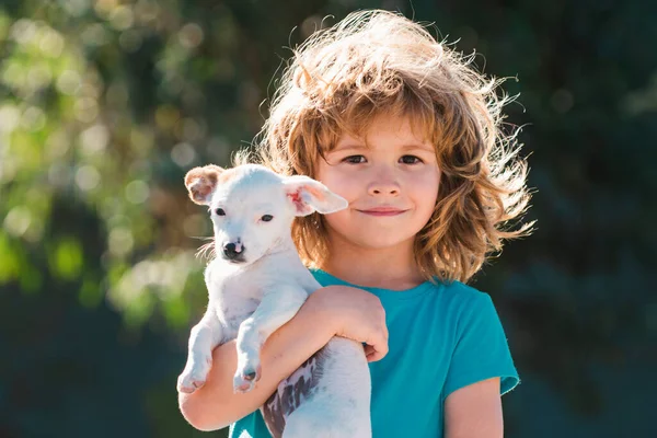 Schattig Kind Knuffelende Puppy Kind Puppy Spelen Buiten Hondenpuppy Droom — Stockfoto