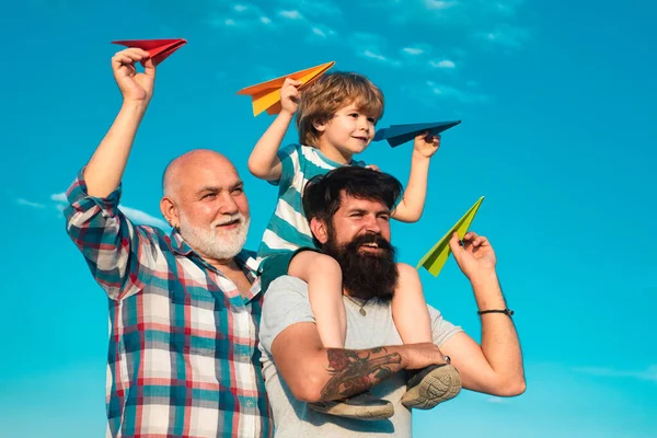 Vatertag Familientraum Kinderträume Mit Flugzeug Großvater Vater Und Sohn Träumen — Stockfoto