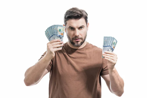 Portrait Business Man Holding Cash Dollar Bills White Background Big — Stock Photo, Image