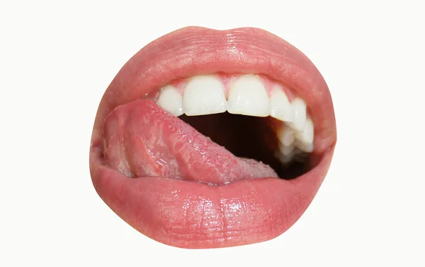 Otwarte Usta Czerwonymi Kobiecymi Ustami Ikoną Izolowanego Języka Odizolowane Biało — Zdjęcie stockowe