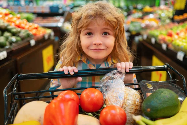 Ritratto Ravvicinato Dello Shopping Bambini Supermercato Carrello Della Spesa Concetto — Foto Stock