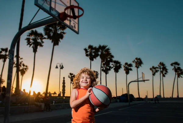 Portrait Kid Basketball Player Child Hold Basketball Ball Venice Beach — Stock Photo, Image