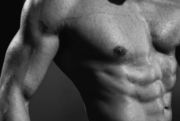 Muskulöser Sexy Kerl Körper Muskelkräftiger Mann Jeans Auf Grauem Hintergrund — Stockfoto