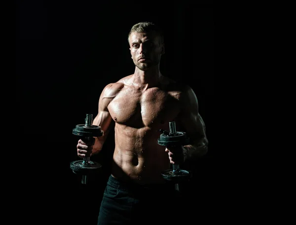 Torso Desportivo Sexy Homem Com Halteres Muscular Forte Cara Exercitando — Fotografia de Stock