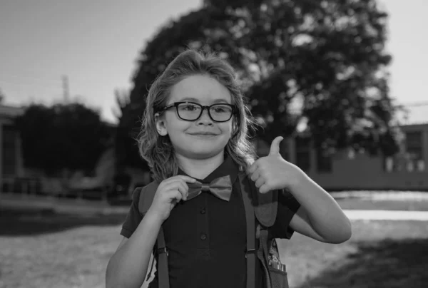Χαρούμενος Μαθητής Χαμογελαστός Μαθητής Γυαλιά Τον Αντίχειρα Σηκωμένο Πάει Σχολείο — Φωτογραφία Αρχείου