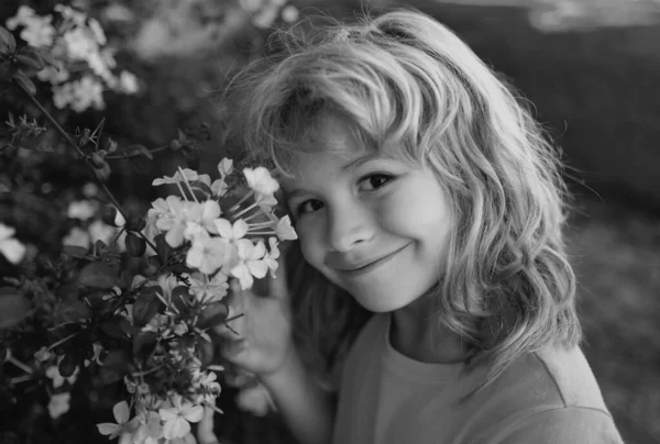 Portret Van Een Prachtig Kind Zomerbloeiende Tuin Gelukkige Jongen Weide — Stockfoto