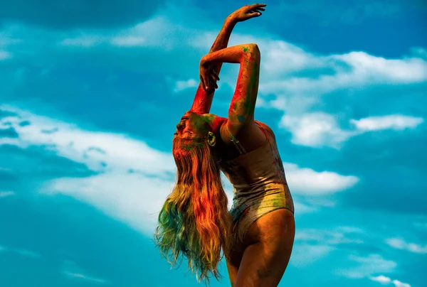 Colorful Holi Splash Body Beautiful Young Woman Amazing Body Art — Stock Photo, Image