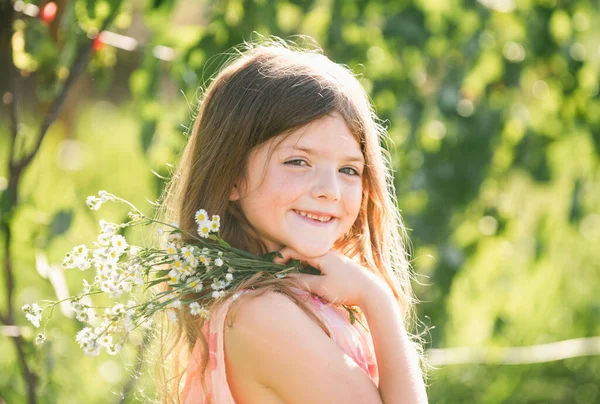 Porträtt Vacker Barnflicka Sommarblommande Trädgård Glad Unge Ängen Med Vita — Stockfoto