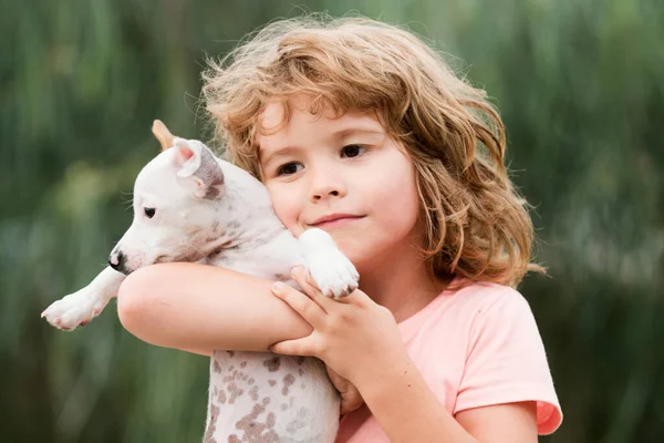 Embrace Puppy Child Lovely Hugging His Puppy Pet Dog Dog — Stock Photo, Image