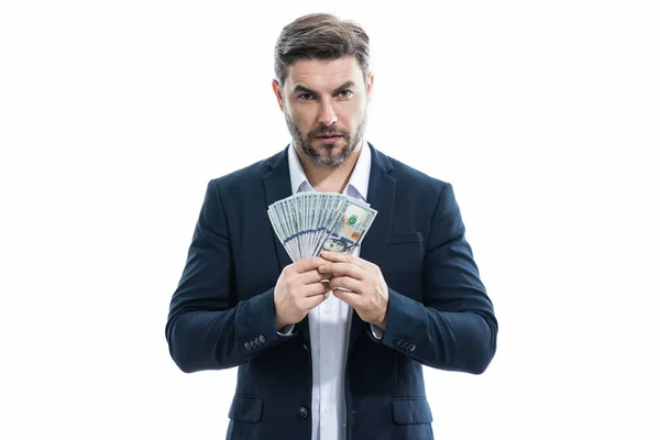 Biznesmen Pieniędzmi Portrecista Trzymający Banknoty Gotówkowe Białym Wielkie Szczęście Biznesmen — Zdjęcie stockowe