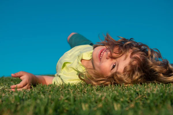 Kid Boy Laying Green Grass Freedom Kids Imagination Concept Summer — Stock Photo, Image