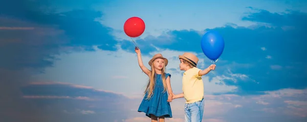 stock image Kids Love. Joyful little couple having fun and celebrating Valentines Day. Best Valentines Day Ideas. Spring and kid. Wide photo banner for website header