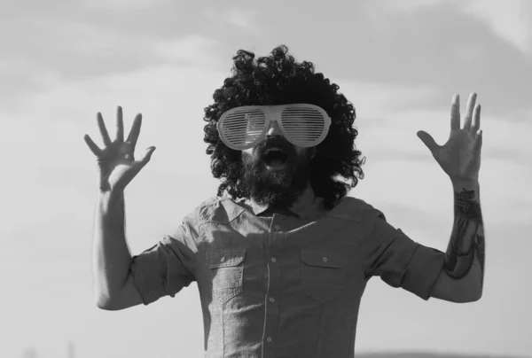Crazy Funny Bearded Man Wig Fun Glasses Sky Background Funny — Stock Photo, Image