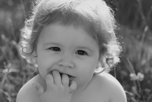 夏の野外で草の中の赤ちゃん 赤ん坊の顔が近くに 面白い小さな子供のクローズアップ肖像画 ブロンドの子感情の顔 — ストック写真