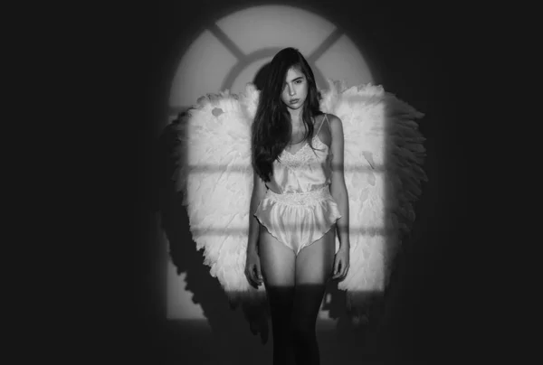 天使女孩天使女人与翅膀孤立 长长的白色翅膀 情人节和服装概念 情人节概念 — 图库照片