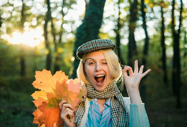 stock image Happy autumn girl winking. Autumn girl wearing in autumn clothes and looks very sensually. Girl playing with leaves on autumn leaves background