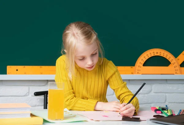 小学校の勉強の面白い生徒の女の子の肖像画 天才児 知識の日 子供の教育と知識 — ストック写真