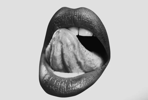 Rote Lippen Mund Und Zunge Plakat Und Banner Mit Offenem — Stockfoto