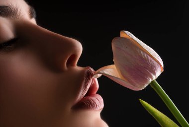 Female lips and spring flower. Sexy woman mouth and flowers. Oral sex, orgasm, blowjob, licking flower. Girl lips with tulips.