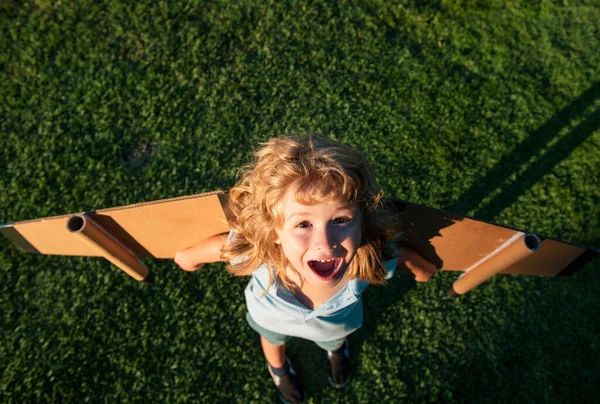 夏の公園でおもちゃの飛行機の翼で遊んで笑って子供 革新技術と成功の概念 公園で草の上で楽しんでいる子供のパイロット — ストック写真