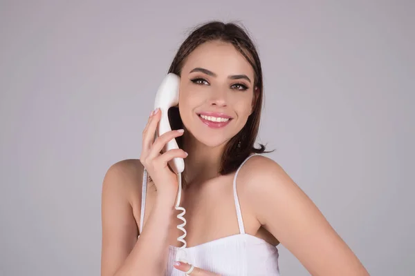 Brunette Woman Talking Retro Telephone Retro Landline Telephone Beautiful Sensual — Stock Photo, Image