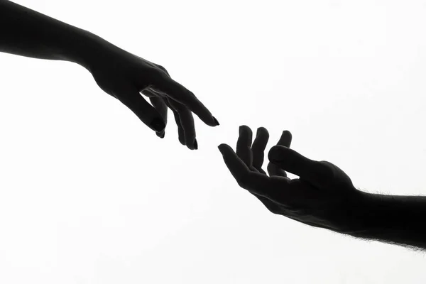 伸出手来 伸出手来 有希望的概念 两只手试图触摸 亚当签名 人际关系 结合在一起 男人和女人的手互相伸出手来用手去摸 — 图库照片
