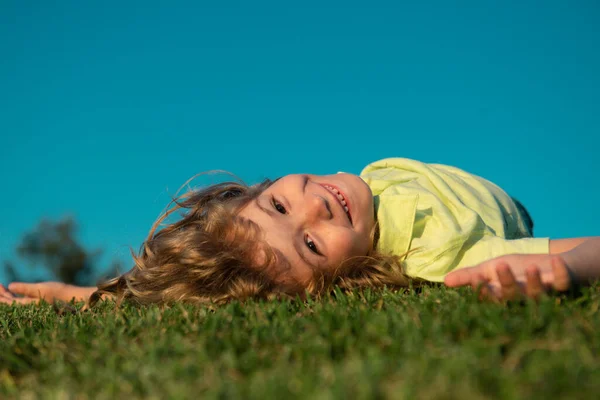 Cheerful Boy Laying Green Grass Freedom Imagination Concept Summer Dream — Stock Photo, Image