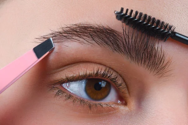 Perfect eyebrows. Close up of woman getting eyebrow make-up. Macro applying cosmetics on her eyebrow with brush. Perfect shape of eyebrow, brown eyeshadows and long eyelashes. Beauty concept