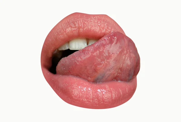 Konstgjorda Röda Läppar Sexiga Kvinnor Öppnar Munnen Slickar Och Tungan — Stockfoto